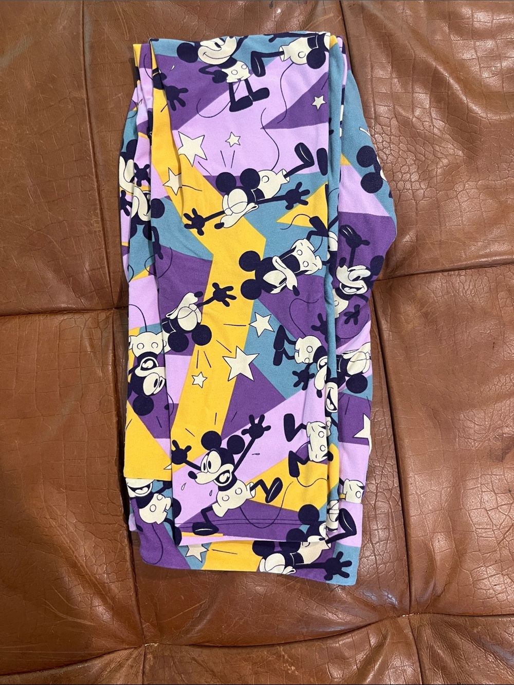 Mickey Mouse Cartoon Print Leggings - Purple, Yellow, Teal